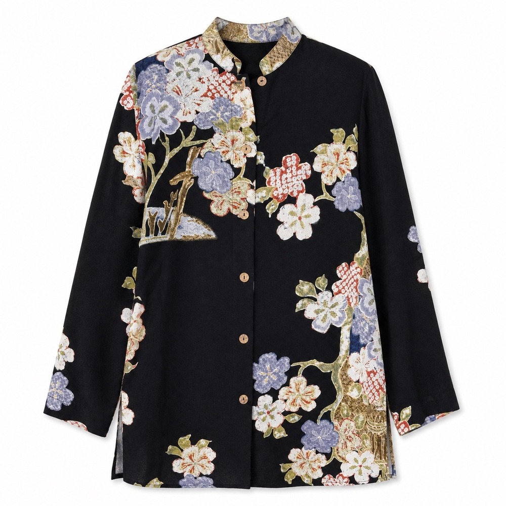 Citron Santa Monica Silk Tunic S Black Chinoiserie Art to Wear Lagenlook Boho